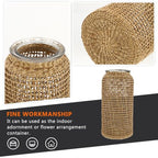 DOITOOL Boho Glass Vase with Rattan Cover, Rustic Farmhouse Vase Round Decorative Flower Container Flower Bud Container for Floral Arrangements Table Centerpiece, 4.3 x 4.3 x 9.8 inch