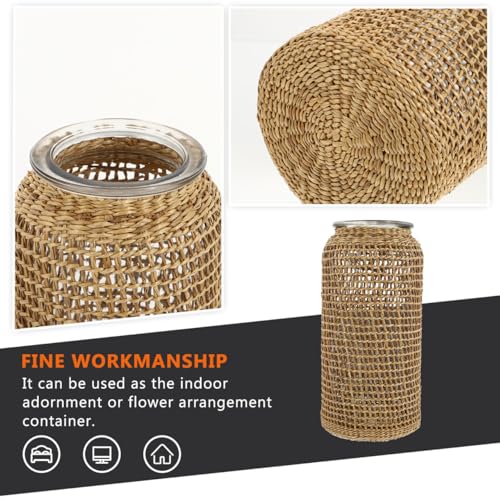DOITOOL Boho Glass Vase with Rattan Cover, Rustic Farmhouse Vase Round Decorative Flower Container Flower Bud Container for Floral Arrangements Table Centerpiece, 4.3 x 4.3 x 9.8 inch