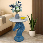 Modern Accent Table Living Room Horse Statue Blue and White Contemporary‌ Faux Marble Night Stand Side Table with Horse Head Base Reception Area & Bedroom（Width 19.69" ——Tall 24.8"） - style: Blue white horse head table