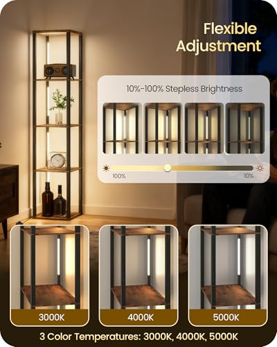 64.2" Display Shelf with Light, Modern Corner Floor Lampe with Shelves, LED Dimmable Standing Lamp with Remote for Living Room, Bedroom, Office, Adjustable CCT, Rustic Brown Square F51LD05 - color: Rustic Brown Square