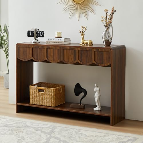 ORRD Console Table with Drawers, Mid-Century 43 Inches Narrow Entryway Tables with Open Storage Shelves, Hallway Accent Tables Behind Couch Table for Living Room - Walnut - color: Walnut