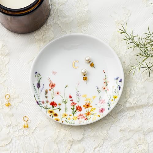 Crisky Initial Jewelry Tray Ring Dish & Gift Box, Ceramic Flower Trinket Dish for Rings Earrings Necklaces Keys, Bridal Shower Engagement Birthday Gift for Women, Friends 4.57" (Gold Foil C - style: Initial C