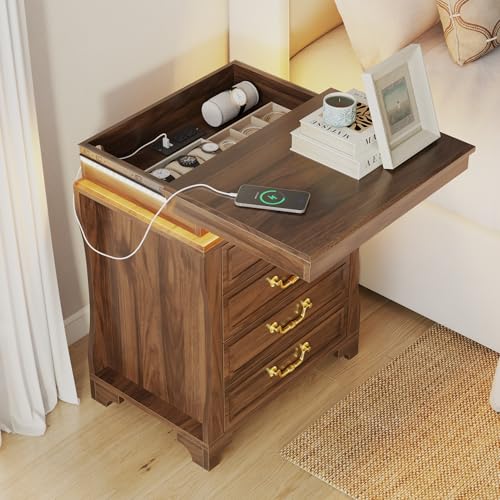 Nightstand with Hidden Compartment & Charging Station, Vintage Bedside Table with LED Lights, Night Stand with 4 Storage Drawers, Large Modern Nightstands Wood End Table for Living Room (Walnut)