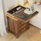 Nightstand with Hidden Compartment & Charging Station, Vintage Bedside Table with LED Lights, Night Stand with 4 Storage Drawers, Large Modern Nightstands Wood End Table for Living Room (Walnut)