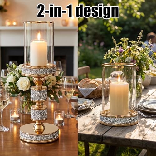 13.5" Tall Pillar Candle Holder with Glass Wind Proof, Metal Hurricane Holders, Gold Crystal Candle Stand for Table Centerpieces, Wedding, Dining Table (M, 2PCS, for Pillar Candles up to 3"x5") - color: Gold, size: Medium