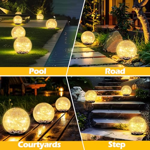 Garden Solar Ball Lights Outdoor Waterproof, 50 LED Cracked Glass Globe Solar Power Ground Lights for Path Yard Patio Lawn, Christmas Decoration Landscape Warm White(2 Pack 4.7'') - size: 4.7 Inch