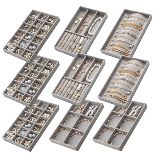 SPAKOWN Jewelry Trays Organizer for Drawer, 9 Set of Small Jewelry Display Case Storage Velvet Stackable Drawer Inserts Organizer for Necklaces Bracelets Earrings Rings (Grey) - color: Grey