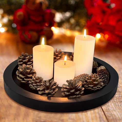 Round Decorative Tray for Coffee Dining Table Countertop Small Wooden Serving Trays Farmhouse Kitchen Home Living Room Decor and Bathroom Accessories Tray Black Rustic Wood Candle Centerpiece Trays - color: Black, size: 11"