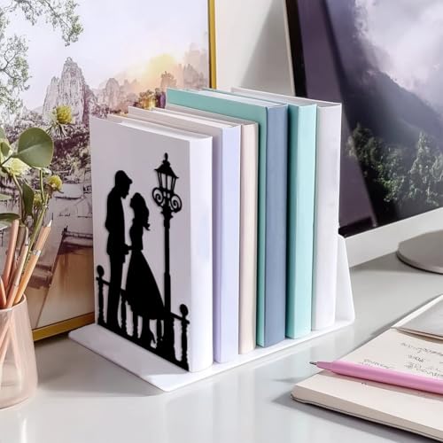 Peacoblue Metal Bookends for Shelves, Modern Decorative Heavy Duty Study Book Support Stoppers for Office, Desk, Shelf, Room 5.3"x4.3"x7.9" Cast Iron Bookends, 1 Pair (Men and Women Under Streetlight) - style: Men and Women Under Streetlight