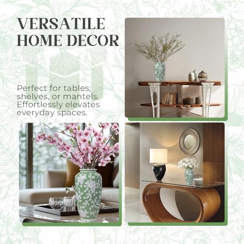Spring Floral Ceramic Vase, Green and White Chinoiserie Vase with Hand-Painted Peony Design, 14 Inch Tall Decorative Vase for Home Decor, Table Centerpiece