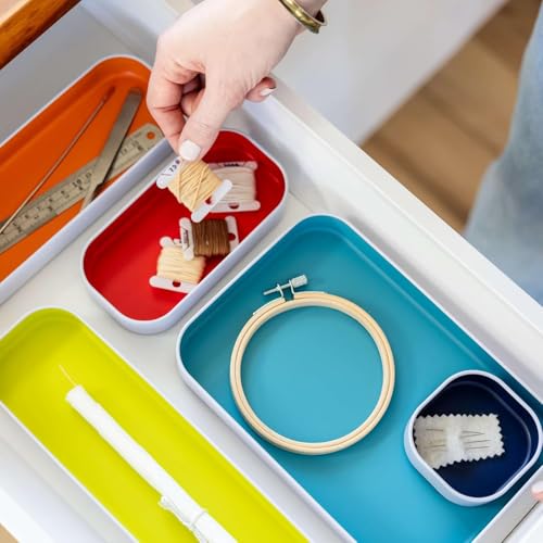 Three by Three Seattle 5 Piece Shallow Metal Organizer Tray Set for Storing Makeup, Stationery, Utensils, and More in Office Desk, Kitchen and Bathroom Drawers (1 Inch, Assorted Colors) - color: Assorted Colors, size: 5 Piece