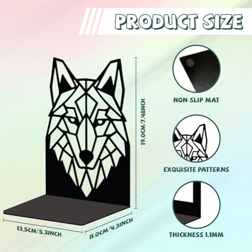Peacoblue Metal Bookends for Shelves, Modern Decorative Heavy Duty Study Book Support Stoppers for Office, Desk, Shelf, Room 5.3"x4.3"x7.5" Cast Iron Simple Tall Bookends, 1 Pair (Geometric Wolf Head) - style: Geometric Wolf Head
