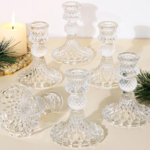 Glass Candle Holder Set of 6, Clear Candlestick Holder & Vintage Candlestick Holder, Taper Candle Holder for Table Centerpieces, Fall, Christmas, Autumn, Thanksgiving Decor - color: Clear, size: Crystal