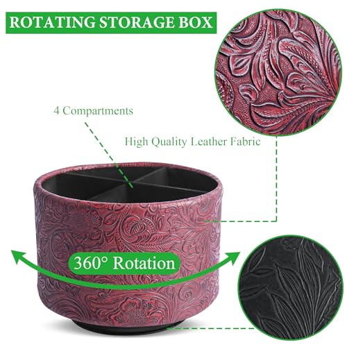 lizimandu Round Leather Art Supply Organizer,Remote Control Holder,360 Degree Spinning,Multi-Functional Pencil Holder,4 Compartments Desktop Stationary Organizer(1-Carved Red) - color: 1-Carved Red