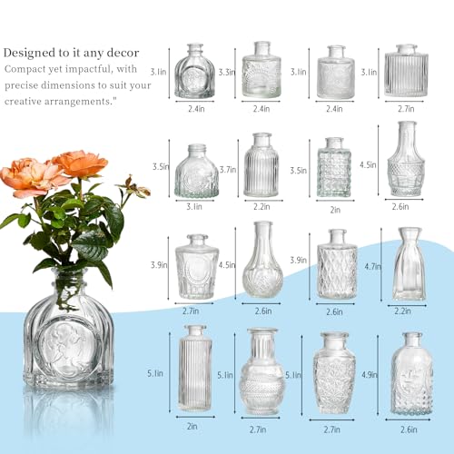 Glass Bud Vases Set of 16 - Assorted Small Mini Glass Vases for Flowers, Crystal Vintage Vase Set, Bulk Centerpieces for Table Décor, Wedding, Home and Events (Clear, 16 Pcs) - color: Clear, size: 16 Pcs