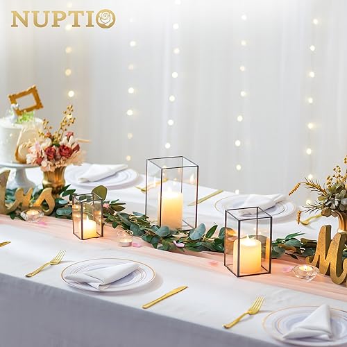 NUPTIO Glass Hurricane Candle Holder: 3 Pcs Black Lanterns Geometric Pillar Candles Holder Decorative Lantern Centerpiece for Outdoor & Indoor Halloween Holiday Fireplace Decor 8.1 & 6.5 & 4.7 inch - color: Black, size: 8.1 & 6.5 & 4.7 inch H - 3 Pcs