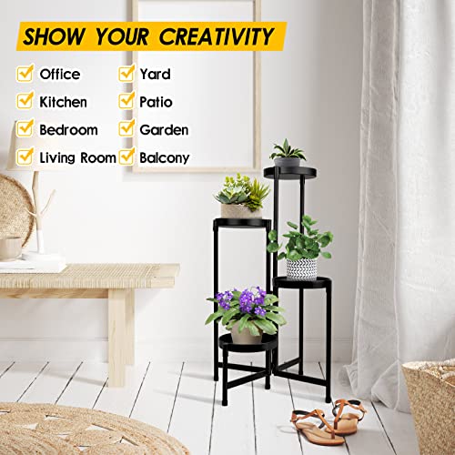 4 Tier Plant Stand Indoor Outdoor, 31 Inch Tall Metal Plant Shelf Waterproof, Plant Holder with Folding Design For Home, Living Room, Black - color: Black