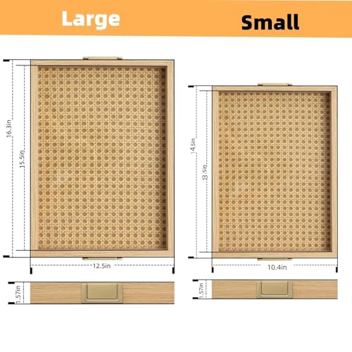 Rattan Woven mesh Surface Wood Serving Tray with Metal Handles, Decorative Tray Service Tray，Modern Boho Design,2-piece Food and Beverage Tray, Coffee Table, Breakfast, Kitchen, Party (Large+Small) - color: Rattan Weaving/Large+small