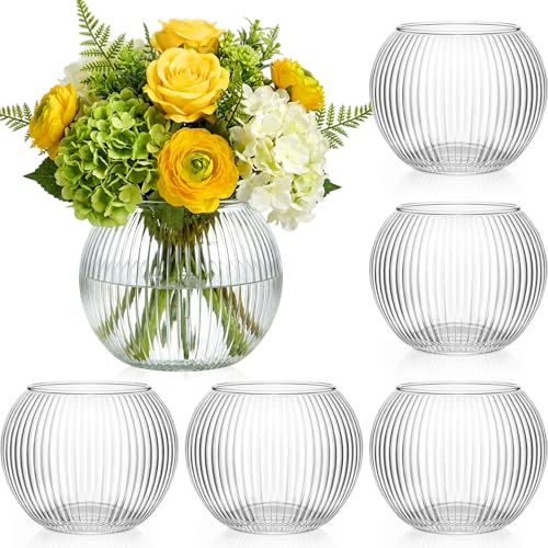Hushee Clear Round Glass Vases for Centerpieces 4” W x 3.15” H Bubble Bowl Ribbed Glass Flowers Vases for Table Centerpieces Candle Holders for Wedding Event Home Decor