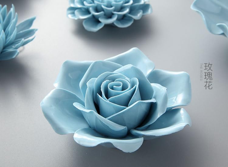 AMERRY 3.94" Ceramic Rose Wall Art, 3D Handmade Porcelain Hanging Sculpture for Home Office Decor (Blue) - color: Blue,Rose,3.94"
