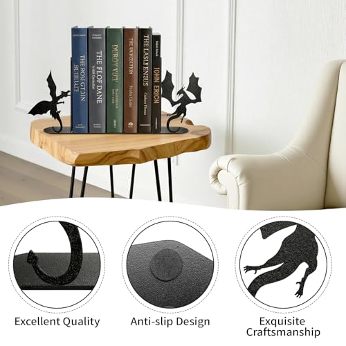 ENCIMART Dragon Metal Bookends Decorative, Unique Office Desk Book Ends for Shelves Bookshelf Home Office Desk Bookshelf Decor Gift for Dragon Lovers and Reading Enthusiasts - color: Black Dragon