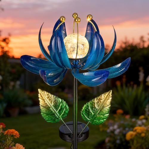 AIINY Solar Garden Lights Metal Flower Decor, Colorful Lotus Pathway Spinning Windmill with LED Cracked Crystal Ball Outdoor Decorative Stake Lighting Waterproof Flower Sculpture for Patio Yard - color: Dazzling Blue