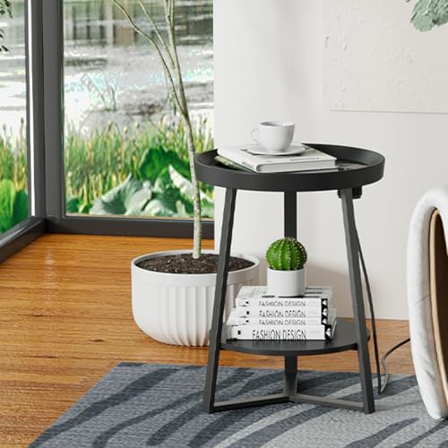 Gadroad Round End Table with Charging Station, USB Ports and Anti-Drop Fence, Wood Tabletop & Black Metal Frame, 2-Tier Side Table for Living Room, Bedroom, Black 15.7 * 15.7 * 23.0 inches - color: Black, style: with Charging Station