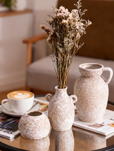 Stone Vase Home Table Decor, Beige Ceramic Stone Modern Rustic Farmhouse Vase Set of 3 Centerpiece for Shelf Bedroom Bathroom Desk - color: 16 Khaki