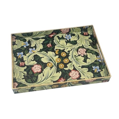 15.8" x 11.8" Dark Green Plastic Serving Tray with Handles, Vintage Acanthus Leaf & Flower Pattern with Gold Trim, for Ottoman, Coffee Table, Vanity - color: Vintage Acanthus Leaf & Flower Pattern
