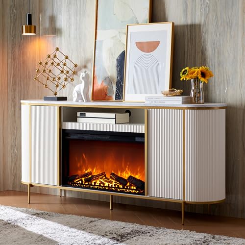 OKD Luxury 70" Fluted Fireplace TV Stand, Modern Chic Entertainment Center for TVs Up to 80 inches, TV Console with Faux Marble Top, Curved Profile Design, Media Console for Living Room, Off White - color: Off White, size: 70" TV Stand with Fireplace