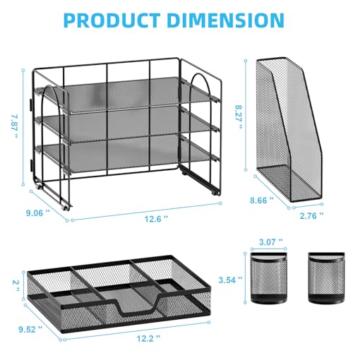 Marbrasse Desk Organizer and Accessories，4-Tier Paper Letter Tray Organizer with File Holder, Desk Accessories & Workspace Organizers with Drawer and 2 Pen Holder (Black, 15.4" x 9.1" x 8.3") - color: Black