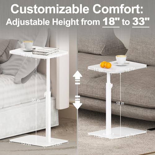 HzTinT Side Table Sofa Tray for Couch Heavy Metal Base Swivel/Adjustable Height, Sofa Bed Bathroom Study TV Tray C Shaped End Table Food Snack Trays for Eating - color: White, size: 11.8*15.7 in