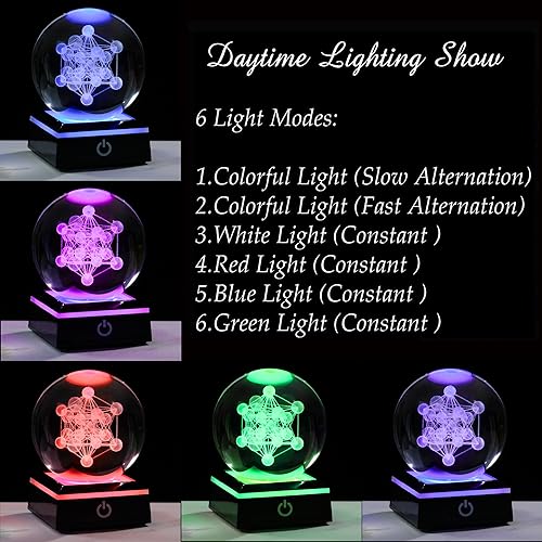 Qianwei 3D Metatron's Cube Crystal Ball with LED Colorful Lighting Touch Base - Flower of Life Night Light - Grid Sacred Geometry Sphere for Meditation Decor Spiritual Decor - style: Metatron's Cube