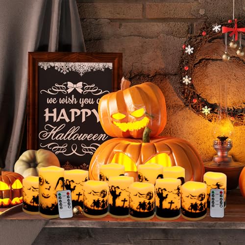 12-Pack Halloween Ink Painting Large Electronic Waxes with Remote Control, Flameless LED Candles for Halloween Spooky, Halloween Ambient Sense Artifacts. - color: 12Pack-halloween