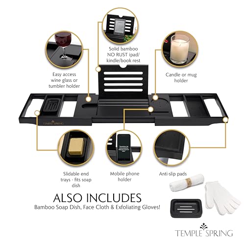 Temple Spring Bamboo Bathtub Tray Caddy for Tub — Expandable Wood Bath Tray with Solid Book Stand Wine Holder and Non-Slip Pads — Includes Bamboo Soap Dish and Spa Accessories — Luxury Bath Gift Set - color: Black