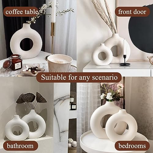 White Ceramic Donut Vase Set of 2, Hollow Matte Pampas Flower Vases for Boho Home Wedding Party Room Dinner Table Shelf Decor.（White） - color: White, size: Donut Set of 2