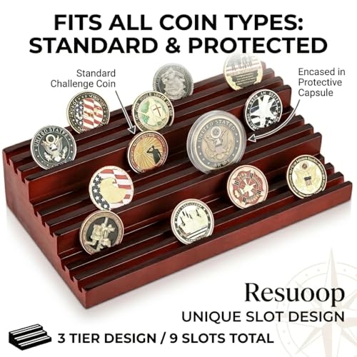 Challenge Coin Display Stand - Where Every Coin Tells A Story - Solid Wood Military Coin Rack | 9-Row Ladder Design Holds 45-60 Coins | Desktop Holder for Army Police Firefighters (Walnut) - color: Walnut
