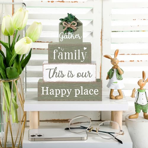 Cinnvoice 4 Pcs Farmhouse Tabletop Decor Rustic Family Blessed Home Table Centerpiece This Is Us Sign for Kitchen Shelf Desk Fireplace Mantel Tiered Tray Decor(Gather Family This is Our Happy Place) - style: Gather Family This is Our Happy Place