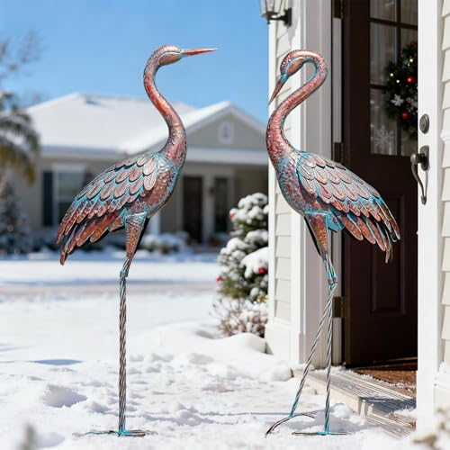 Kircust Garden Crane Statues Patina Heron Decoy, Standing Metal Crane Sculptures Bird Yard Art for Outdoor Decor, 47-48 Inch, Set of 2 - color: Patina 2