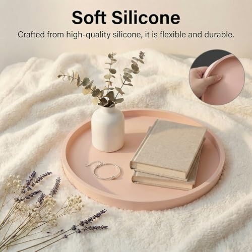 Round Pink Silicone Decorative Bathroom Vanity Tray 9 Inch, Counter Tray for Bathroom Countertop Perfume Holder Dresser Organizer Coffee Table Candle, Non-Slip Durable for Home Use - color: Pink, size: 9.06