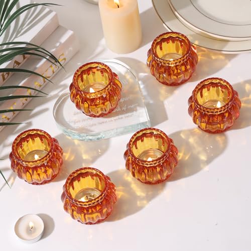 SHOHAYTO Set of 6 Amber Tea Light Candle Holders, Votive Candle Holders for Wedding Table Centerpieces, Tealight Holders for Christmas Party & Home Decor