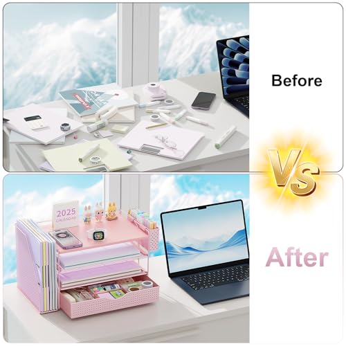 gianotter Wood Desk Organizers and Accessories with File Holder, 4-Tier Desk Accessories & Workspace Organizers with Drawer and Pen Holder, Paper Organizer for Office Supplies (Pink) - color: Pink