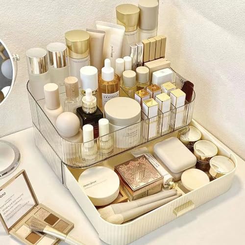 MIUOPUR Makeup Organizer with Stackable Drawers, Bathroom Vanity Organizers and Storage, Ideal for Desk and Dresser Countertops, Great for Cosmetics, skincare, Lipsticks, Nail Care -Cream - color: Cream, size: Tray and Drawer