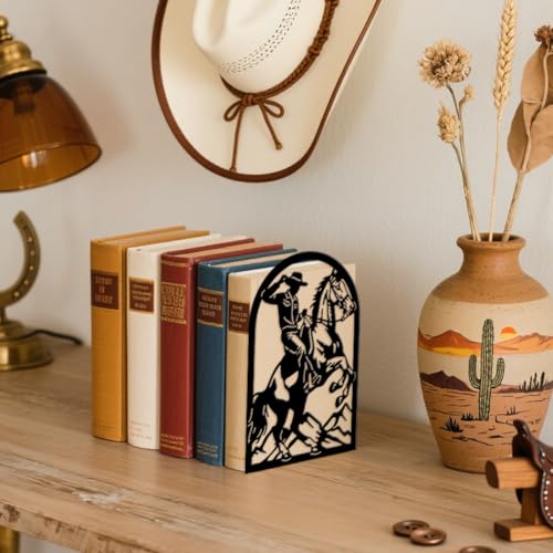 Peacoblue Metal Bookends for Shelves, Modern Decorative Heavy Duty Study Book Ends Stoppers for Office, Desk, Shelf, Room 5.3"x4.3"x7.9" Cast Iron Simple Tall Bookends 1 Pair (Cowboy Horse Riding) - style: Cowboy Horse Riding