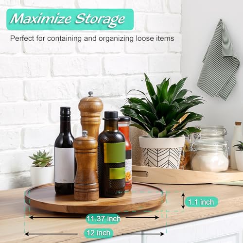 12" Acacia Wood Lazy Susan Turntable Organizer, Lazy Susan for Table Top Cabinet Dining Pantry Countertop Cupboard Organization, Decorative Tray for Kitchen Bathroom Decor Coffee Bar Accessories - color: Acacia, size: 12" with Low Rim