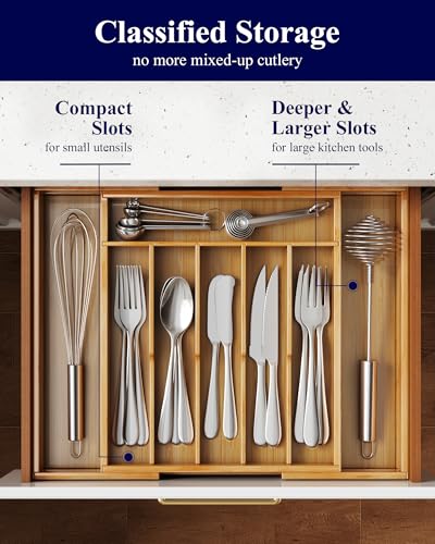 Kitsure Silverware Organizer - Expandable Bamboo Kitchen Drawer Organizer for Cooking Utensils and Cutlery, Sturdy & Thickened Kitchen Organizers and Storage Solution, Large, Natural - color: Natural, size: Large