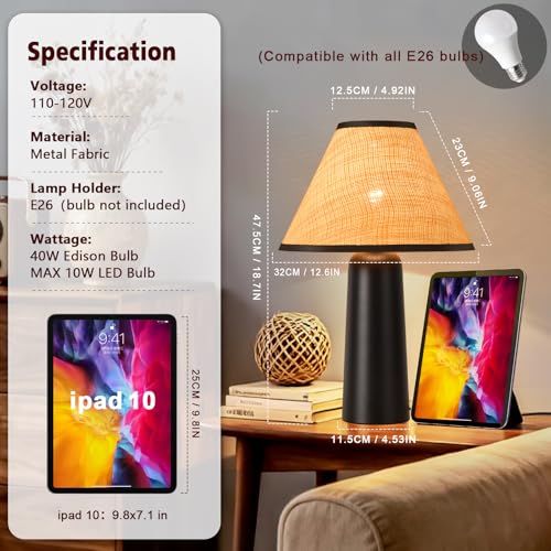 Matte Black Rattan Table Lamp for Bedroom, Modern Wicker Lamps for Bedside Nightstand, Small Table Rattan Shape Lamps for Small Spaces for Kitchen Counter, Home Office, Living Room, Kids Dorm - color: Black