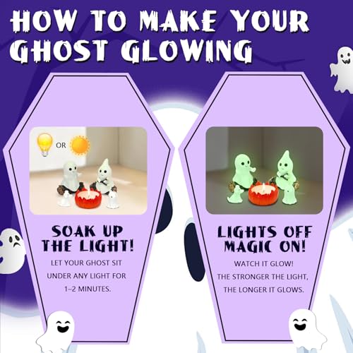 Glow-in-The-Dark Ghost Campfire Gathering, Cute & Cozy Halloween Ghost Figurine Set | 2 Ghosts, Ghost Dog, Ghost Cat and Tea Light Holder | Resin Ghost Statue for Home, Mantel, Shelf, Desk