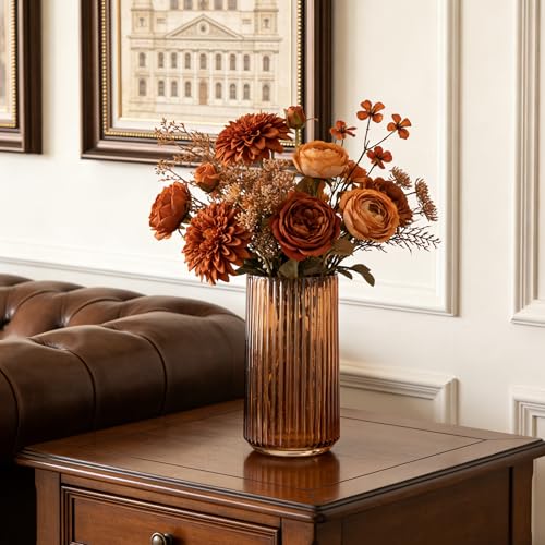Ekirlin Amber 7.5 inch Flower Vase for Home Decor, Thickened Hand Blow Glass Vase Round Vintage Striped Bottles for Bookshelf,Dinner Table,Indoor Office Desktop,Meeting Room,Bathroom, Best Gift - color: Amber, size: 7.5 in