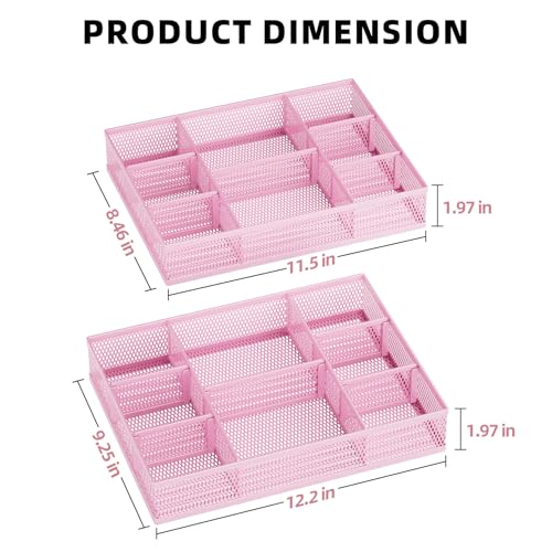 Marbrasse 2 Pack Desk Drawer Organizer, Mesh Drawer Organizer Tray with 8 Adjustable Compartments, Desk Organizers and Accessories, 5 Dividers Drawer for Office Supplies, Makeup & Vanity (Pink) - color: Pink